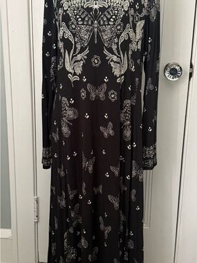 Johnny Was Black Maxi Dress with White Butterfly & Floral Print